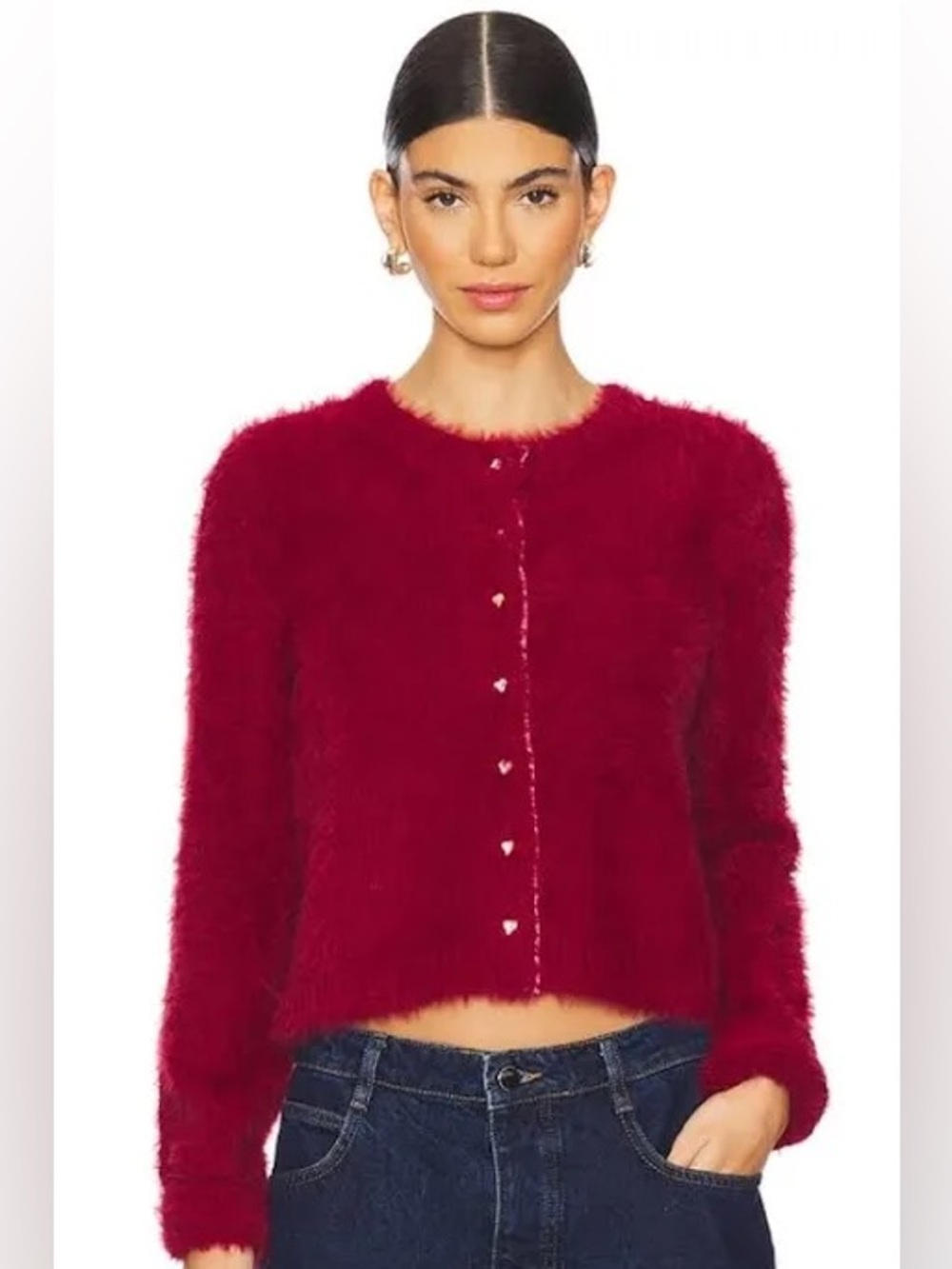 Fuzzy Heart-Button Cardigan in Deep Wine / Free People Celeste Crewneck Cardigan